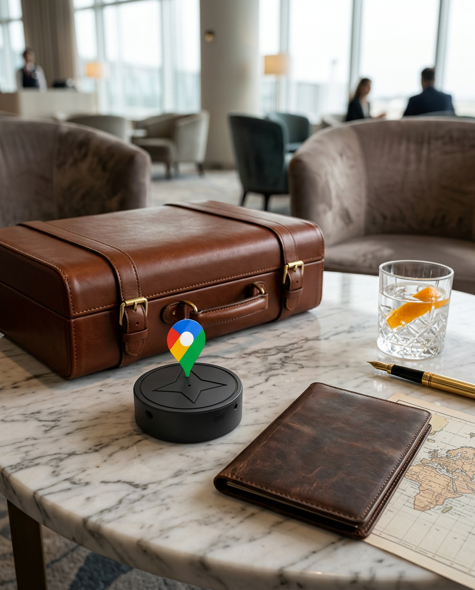 Localizador NatureLocate junto a una maleta de piel en una sala de aeropuerto